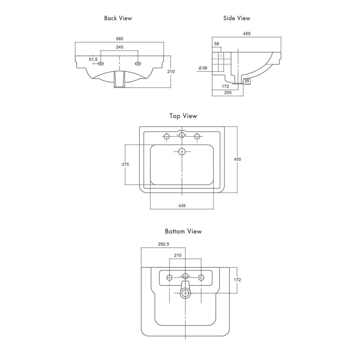 Stafford 58 x 45 Wall Hung Basin, 1 Taphole