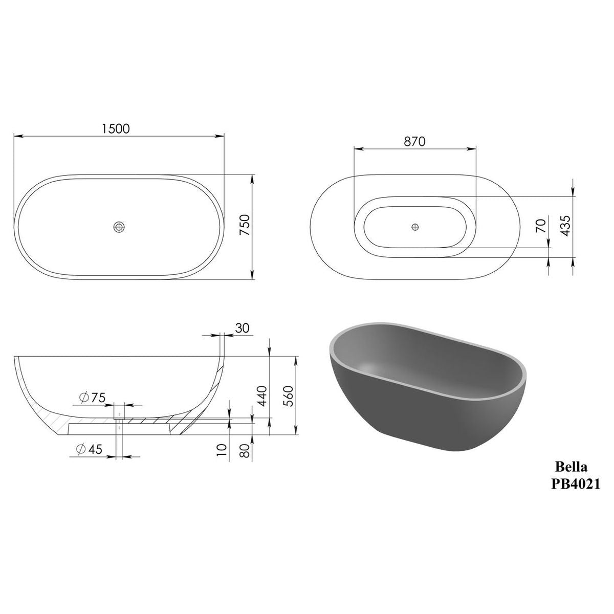 Bella 1500mm Freestanding Bathtub