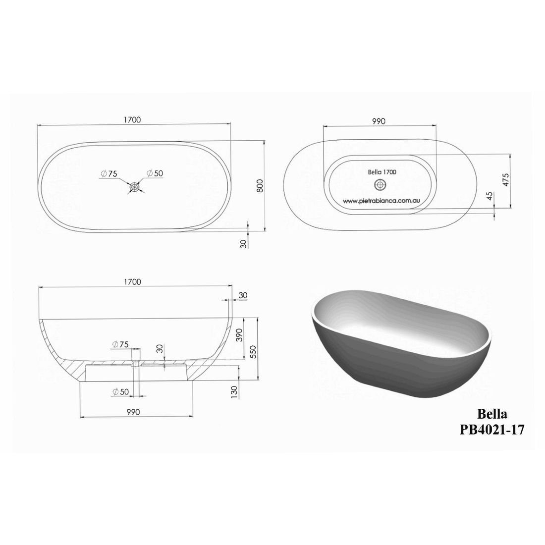 Bella 1700mm Freestanding Bathtub