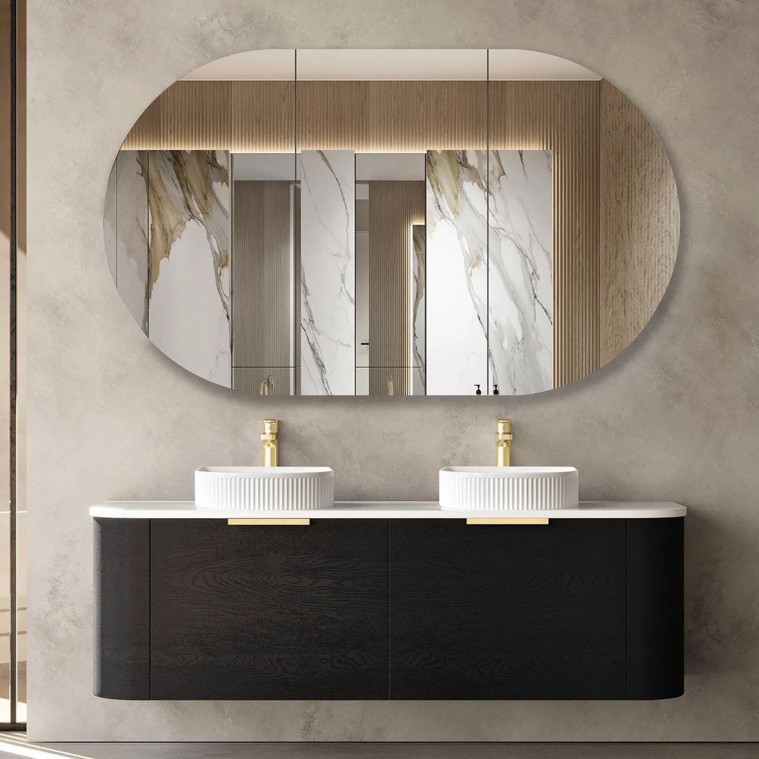 Bondi Black Oak 1500mm Wall Hung Curve Vanity
