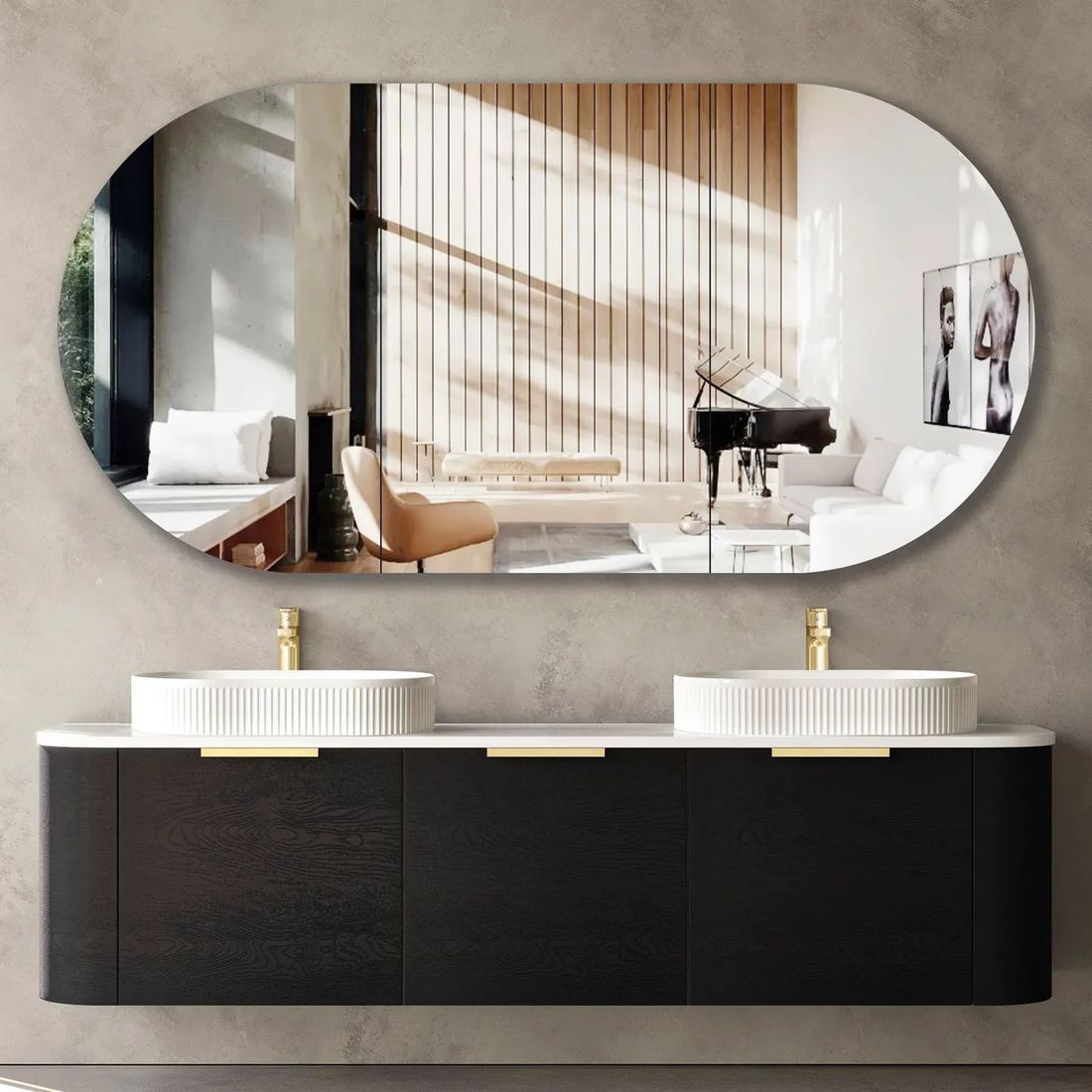 Bondi Black Oak 1800mm Wall Hung Curve Vanity
