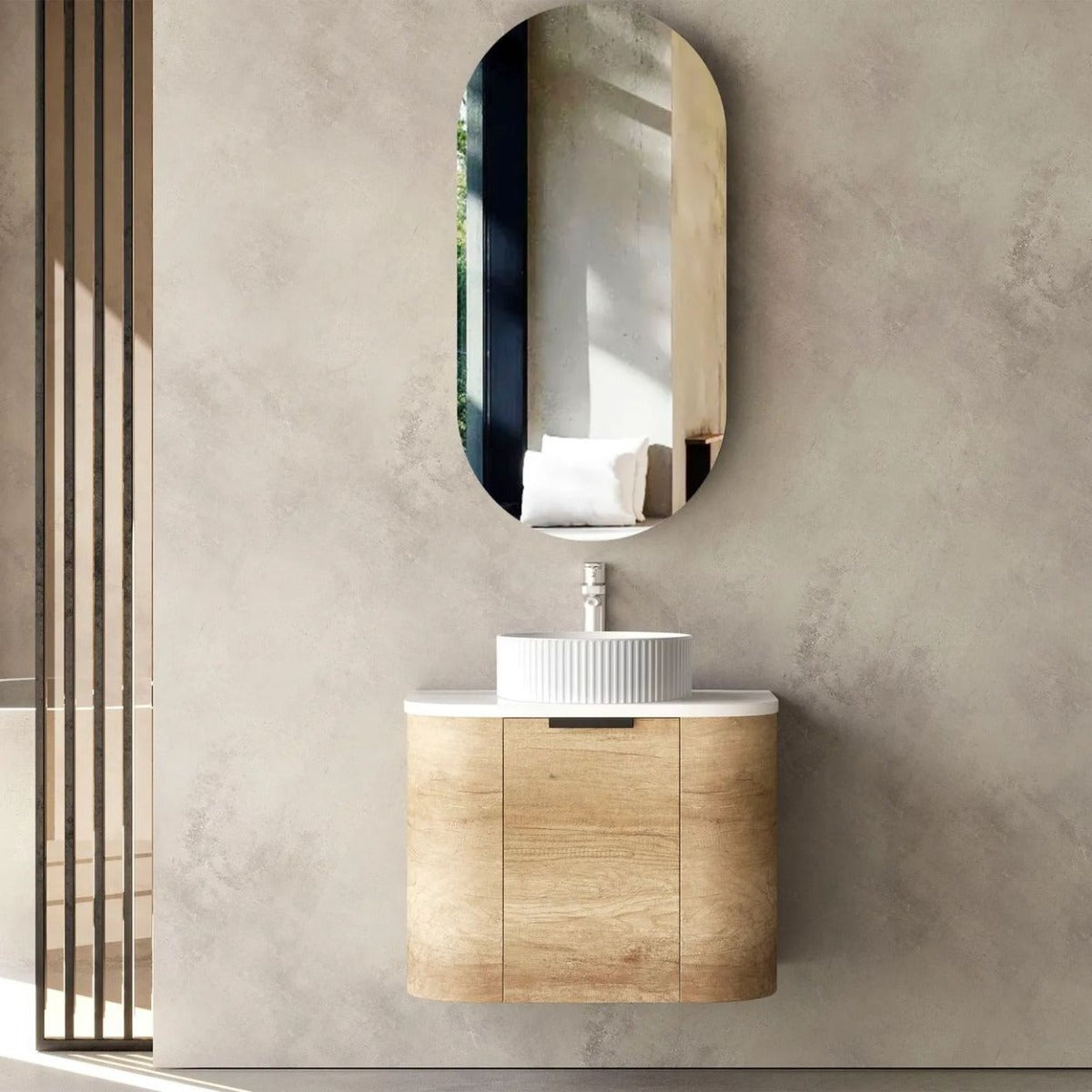 Bondi Natural Oak 600mm Wall Hung Curve Vanity