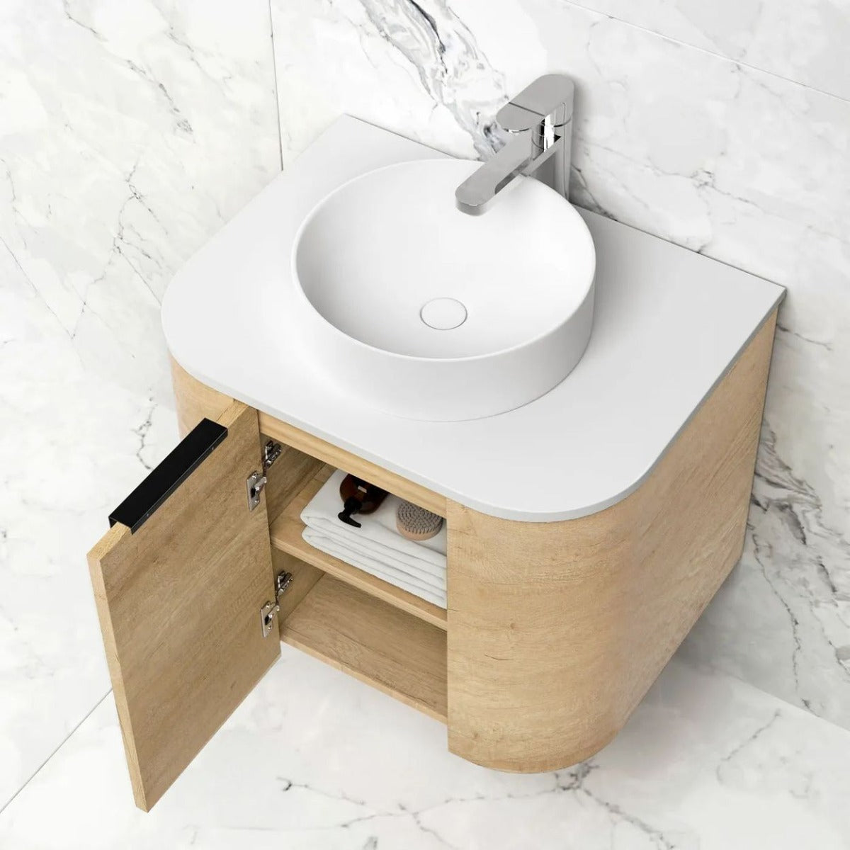 Bondi Natural Oak 600mm Wall Hung Curve Vanity