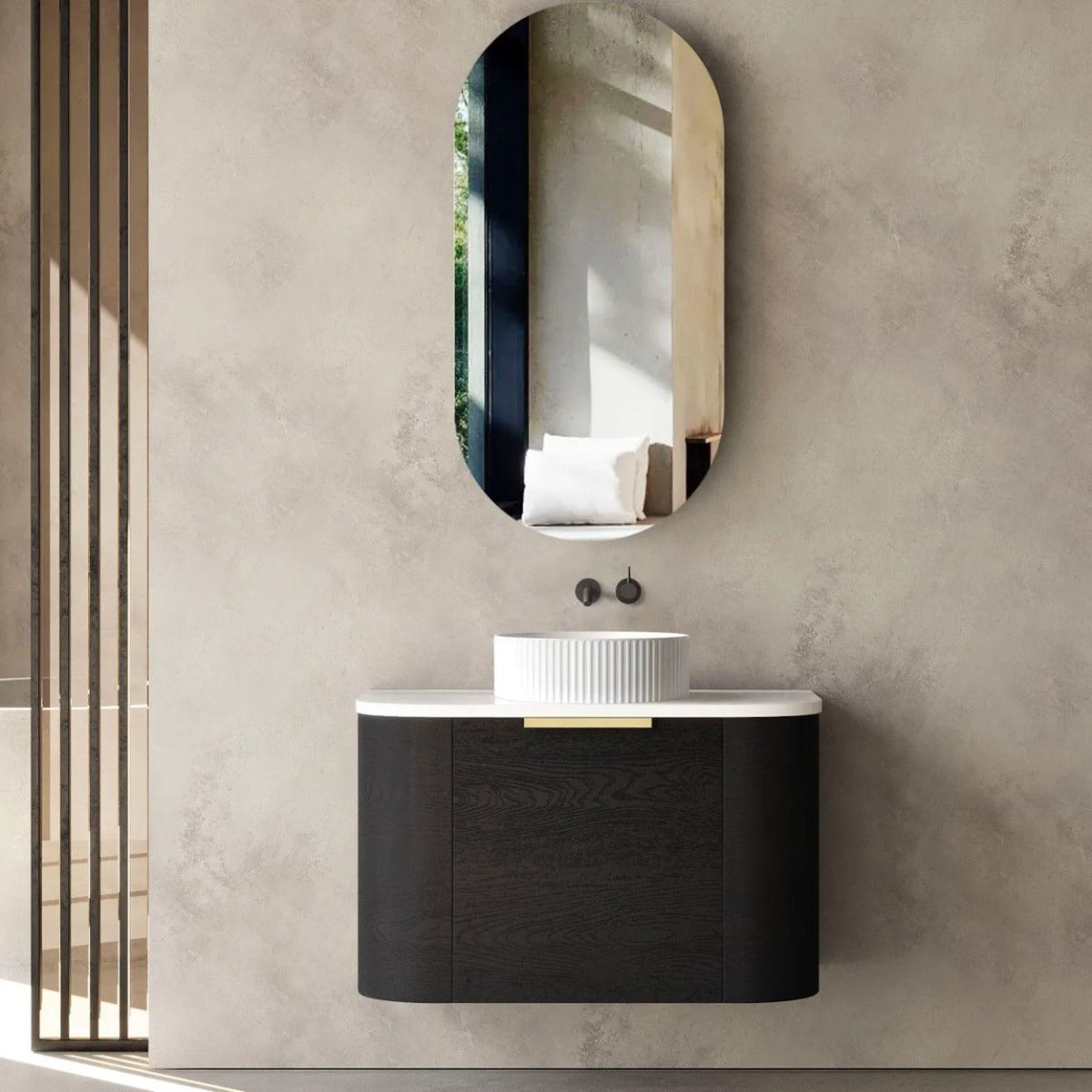 Bondi Black Oak 750mm Wall Hung Curve Vanity