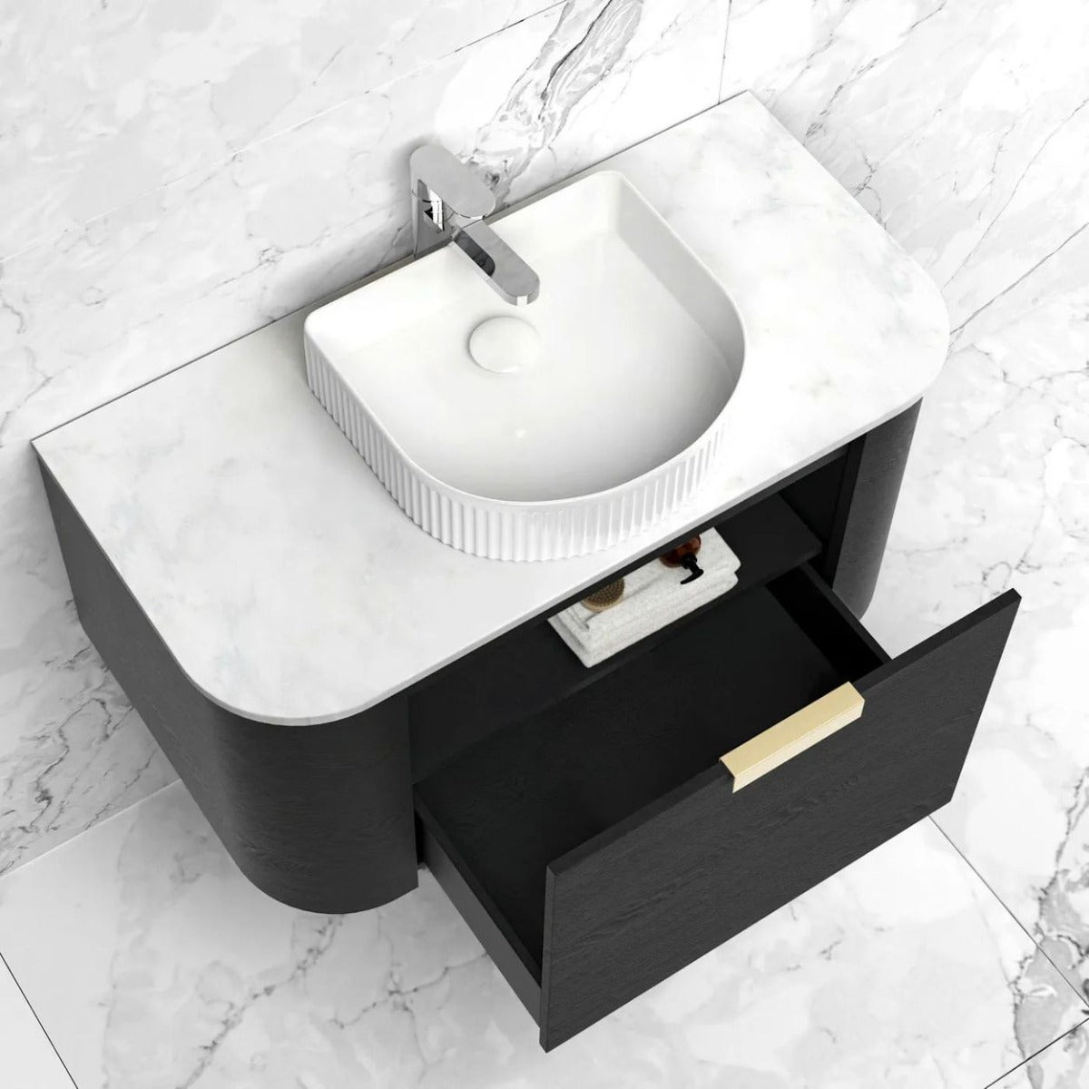 Bondi Black Oak 750mm Wall Hung Curve Vanity