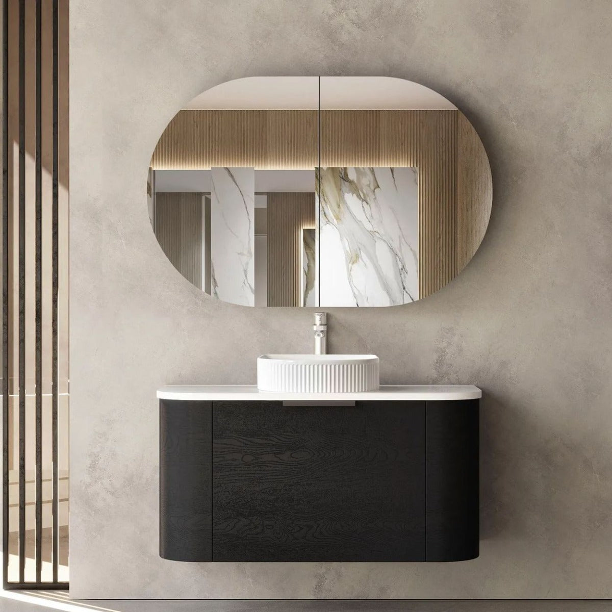 Bondi Black Oak 900mm Wall Hung Curve Vanity