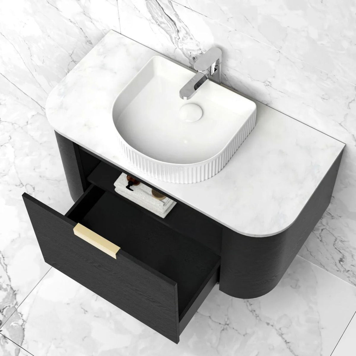 Bondi Black Oak 900mm Wall Hung Curve Vanity