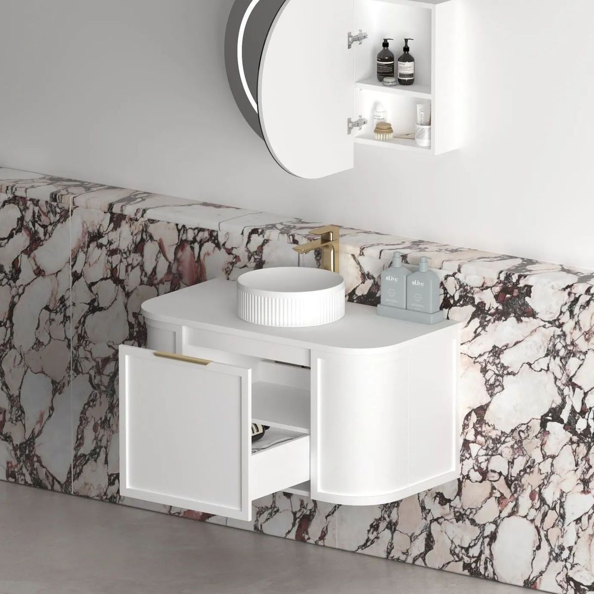 Hampshire 900mm Satin White Wall Hung Curve Vanity