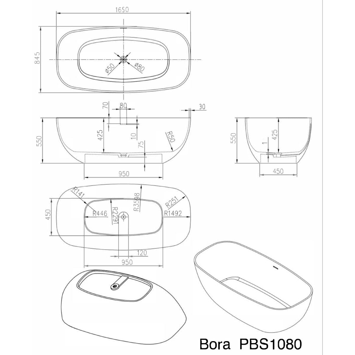 Bora 1650mm Freestanding Bathtub