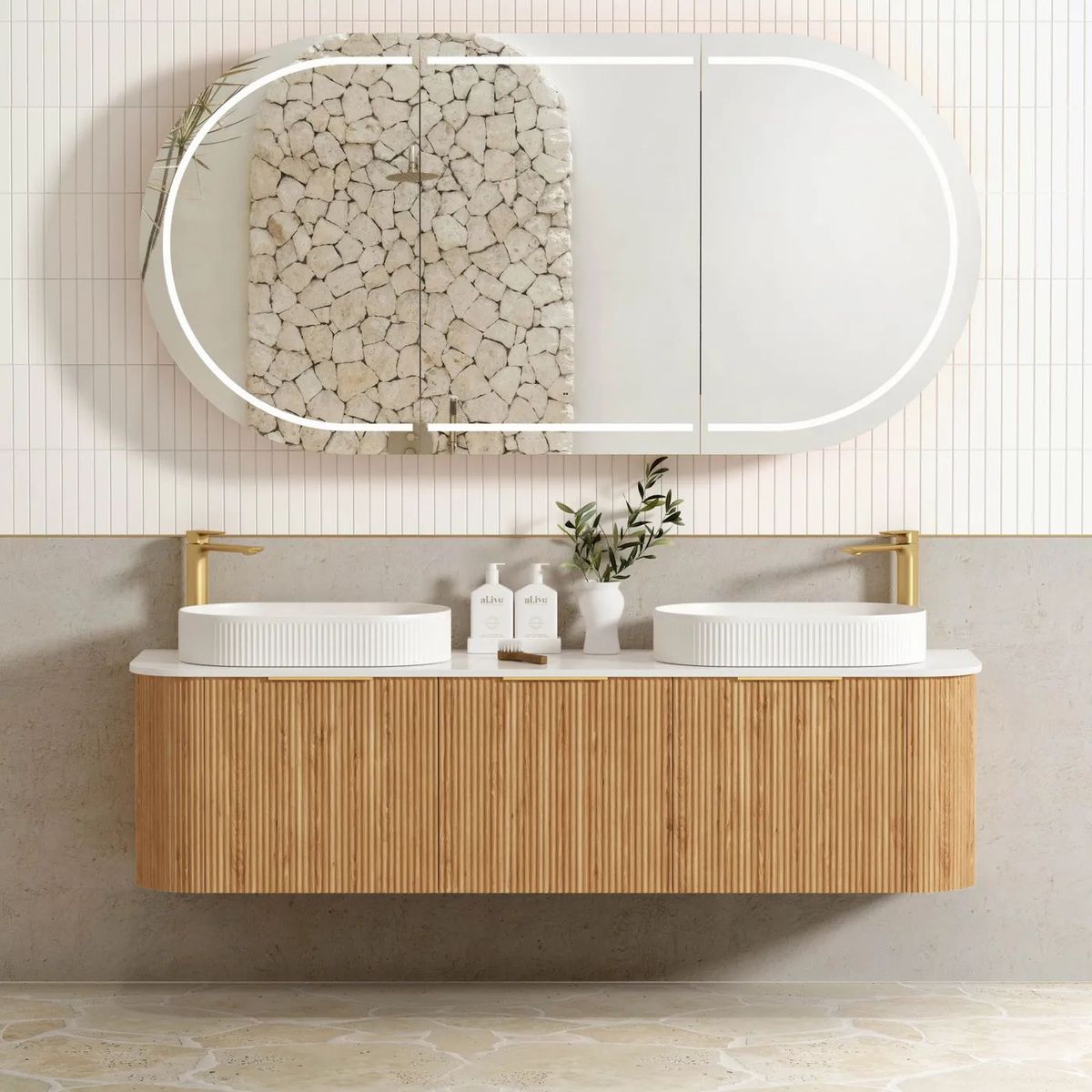 Bondi Woodland Oak 1800mm Fluted Curve Vanity