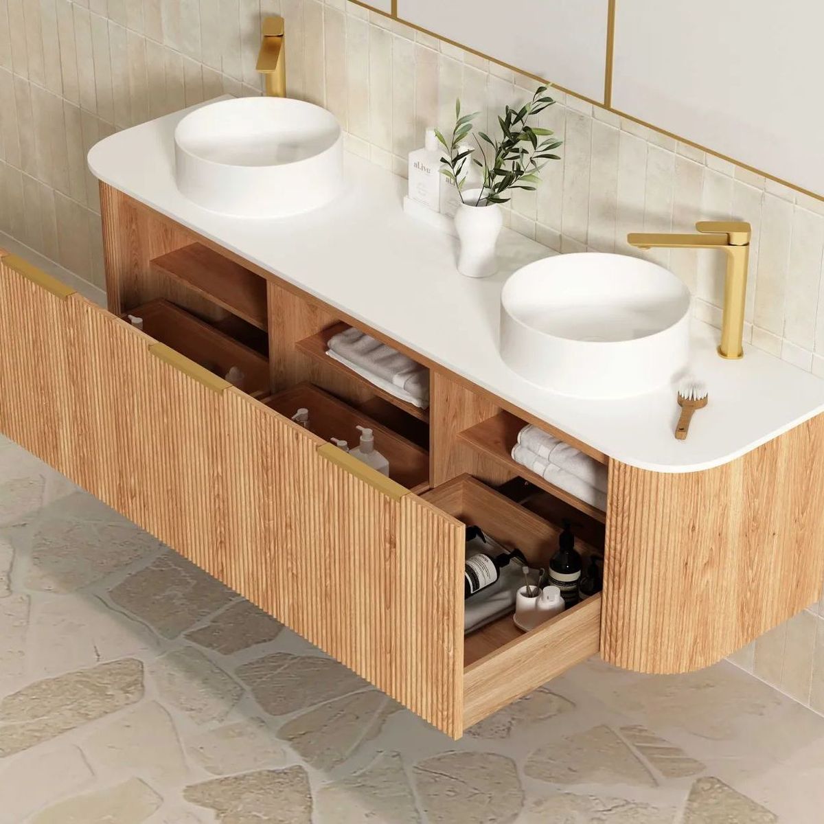 Bondi Woodland Oak 1800mm Fluted Curve Vanity