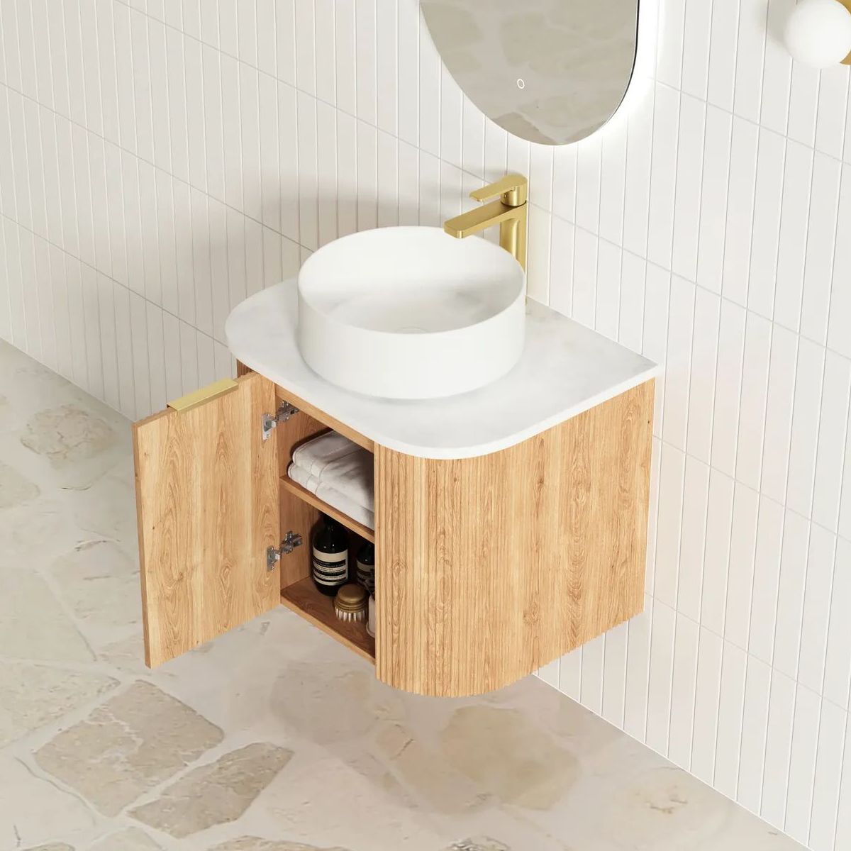 Bondi Woodland Oak 600mm Fluted Curve Vanity