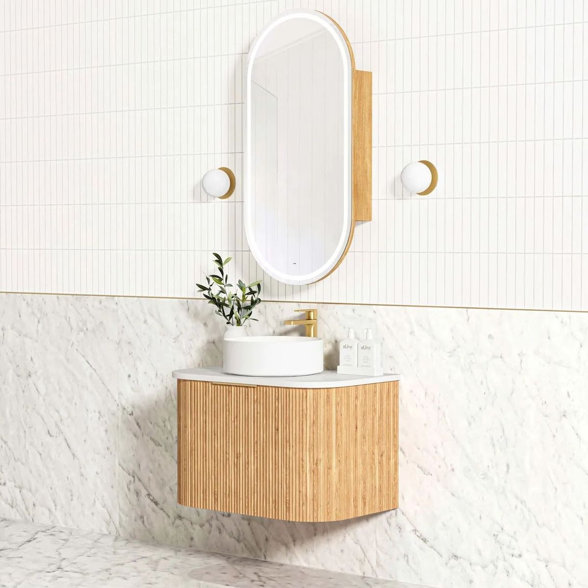 Bondi Woodland Oak 750mm Fluted Curve Vanity