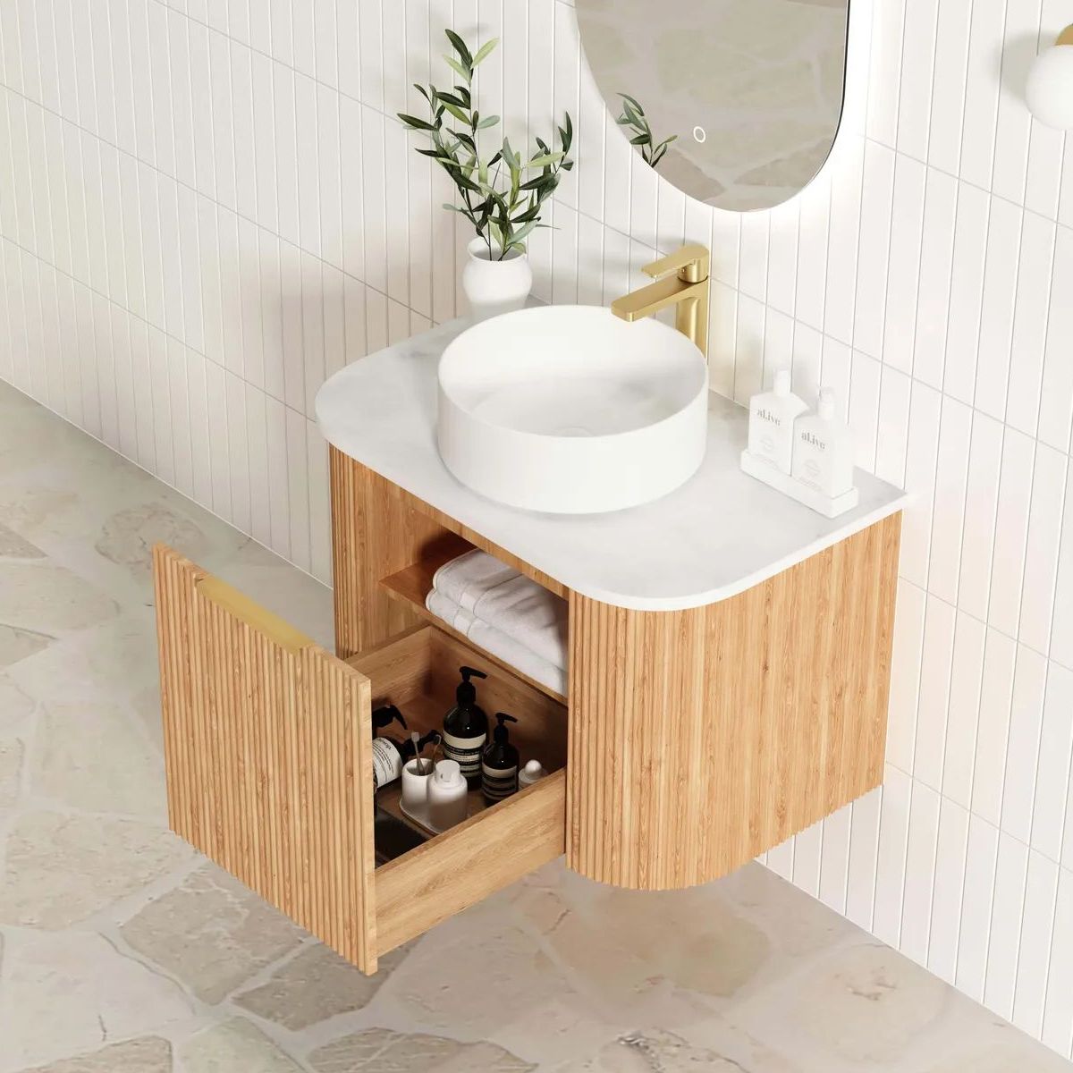 Bondi Woodland Oak 750mm Fluted Curve Vanity