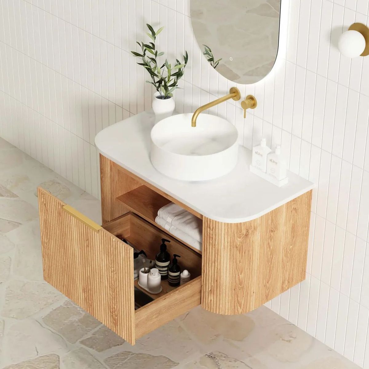 Bondi Woodland Oak 900mm Fluted Curve Vanity