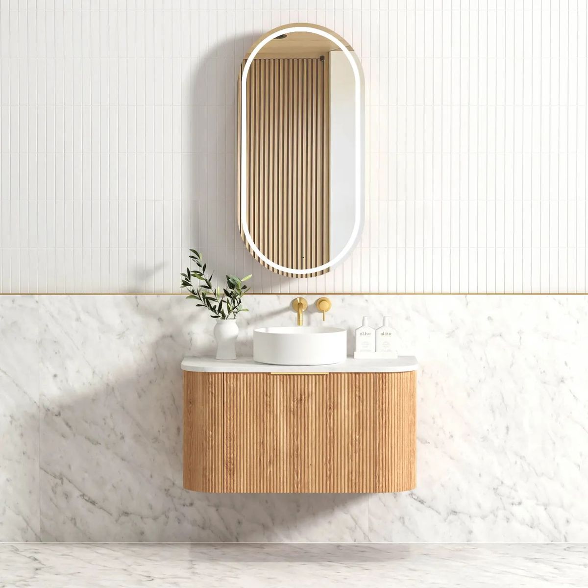 Bondi Woodland Oak 900mm Fluted Curve Vanity