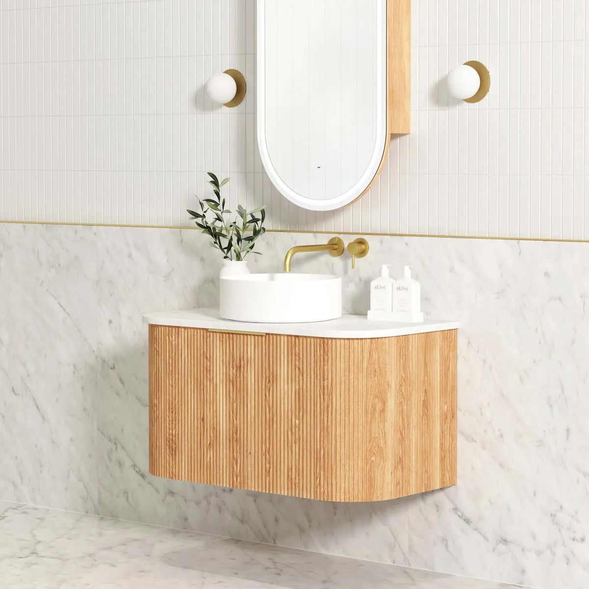 Bondi Woodland Oak 900mm Fluted Curve Vanity