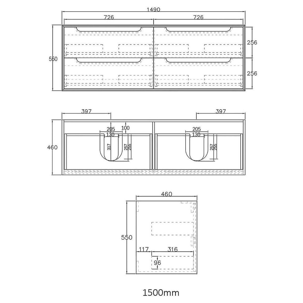Byron Natural Oak Wall Hung Vanity Cabinet Double Bowl 1500mm
