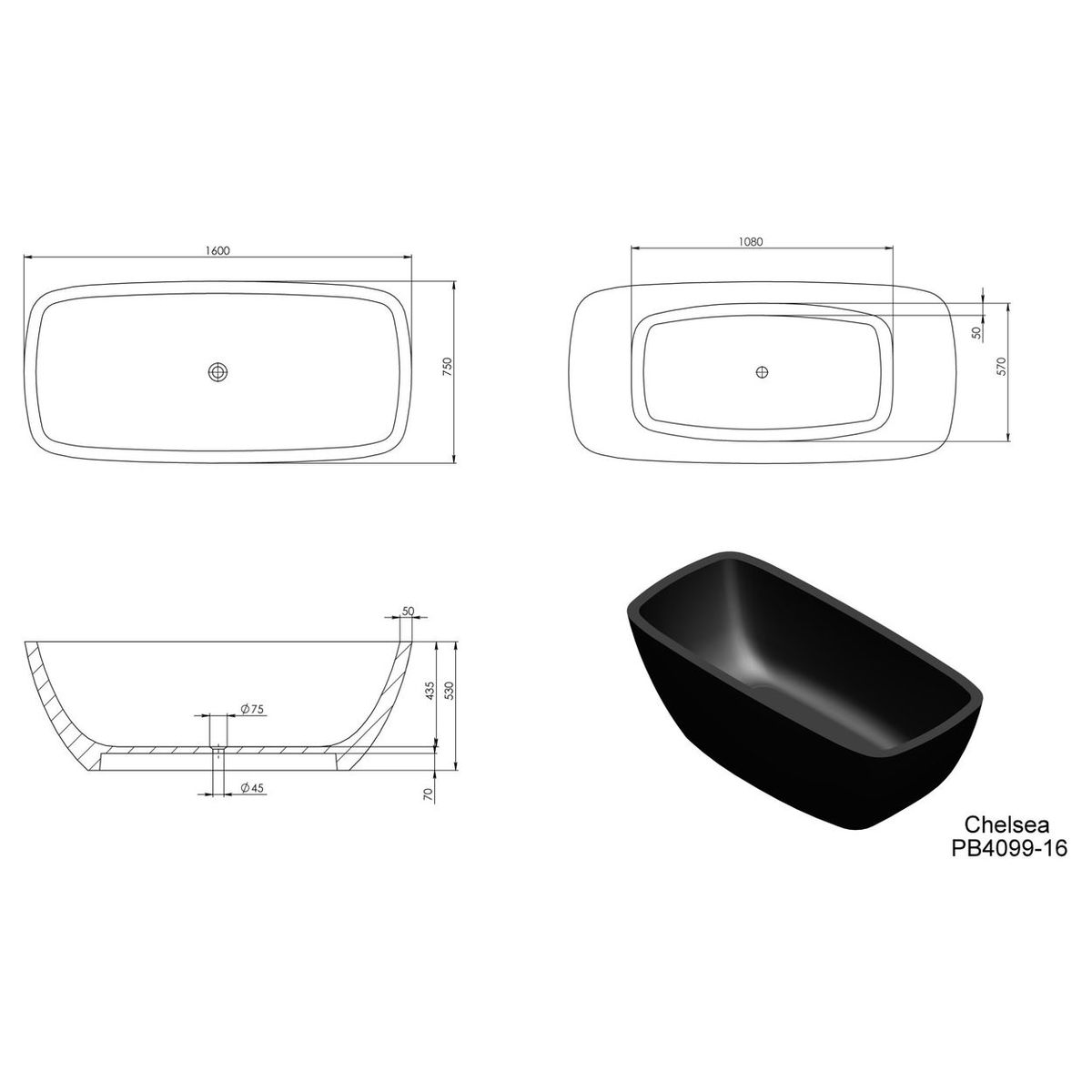 Chelsea 1600mm Freestanding Bathtub
