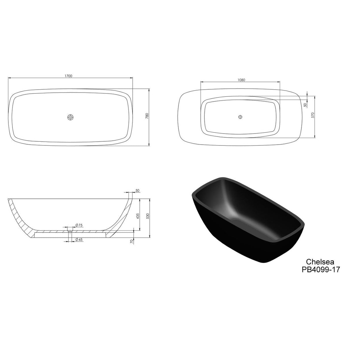 Chelsea 1700mm Freestanding Bathtub