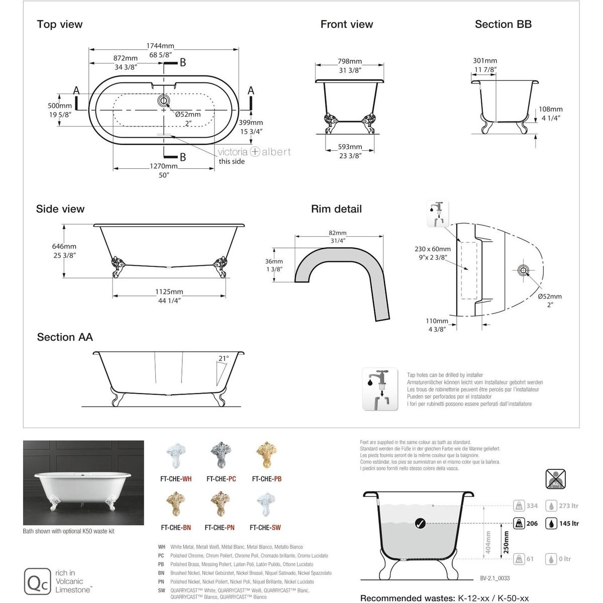 Victoria + Albert Cheshire Bath, White Metal Feet