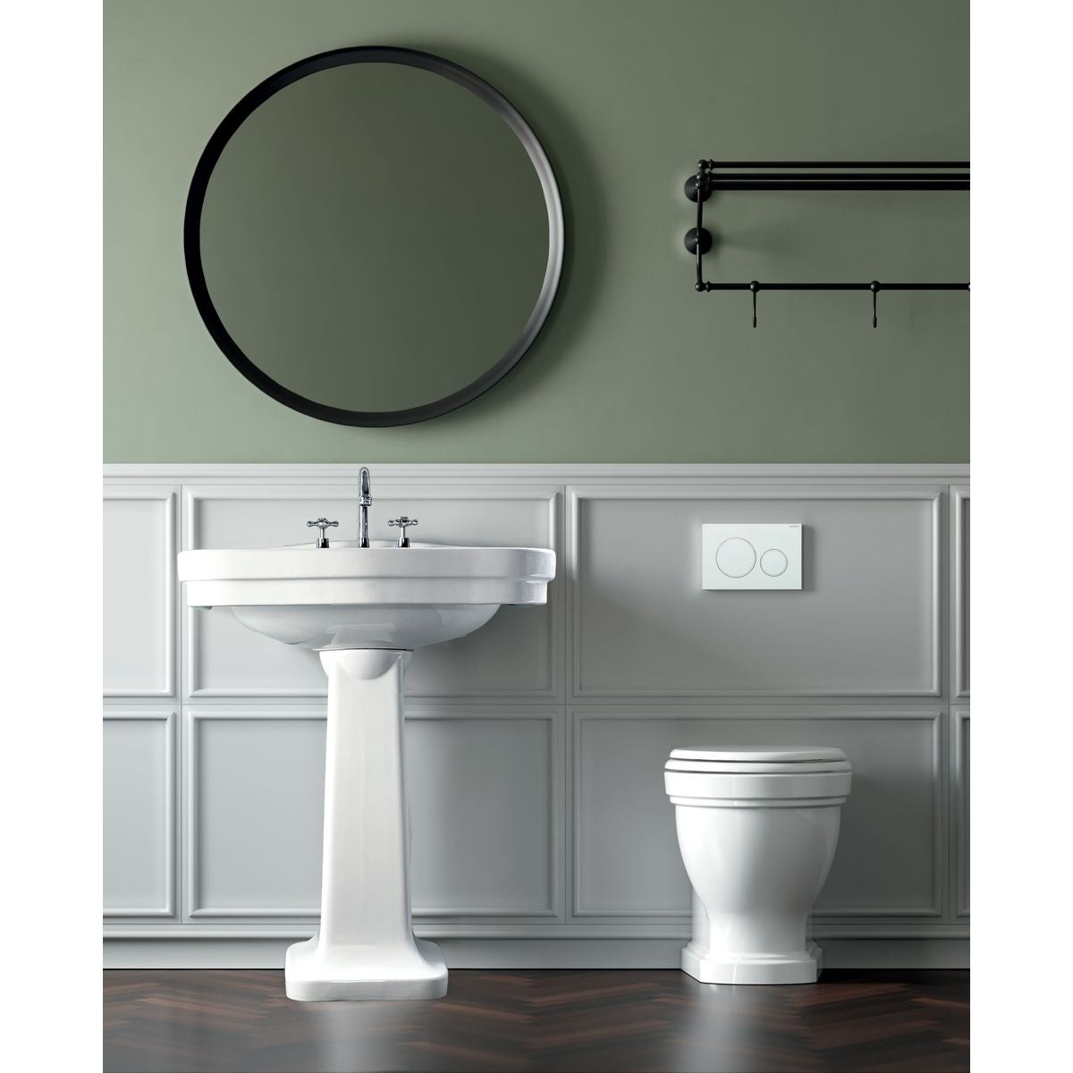 Claremont Floor Mounted Pan, Antique Brass Hinges, Seat And Pan Bend