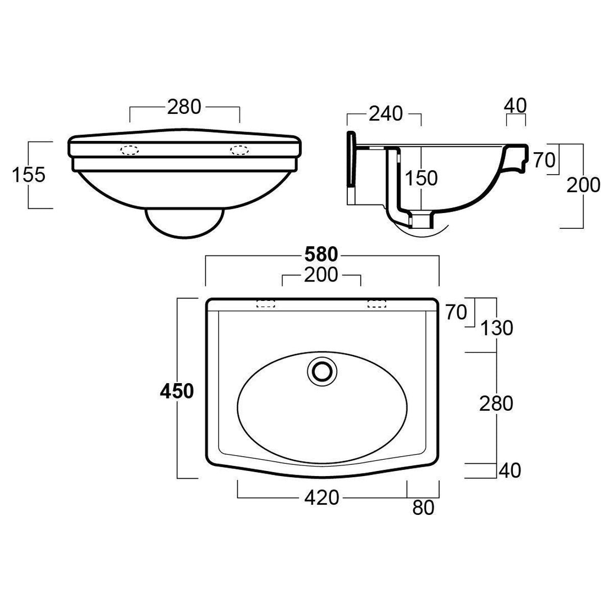 Claremont 58X45 Basin - No Taphole