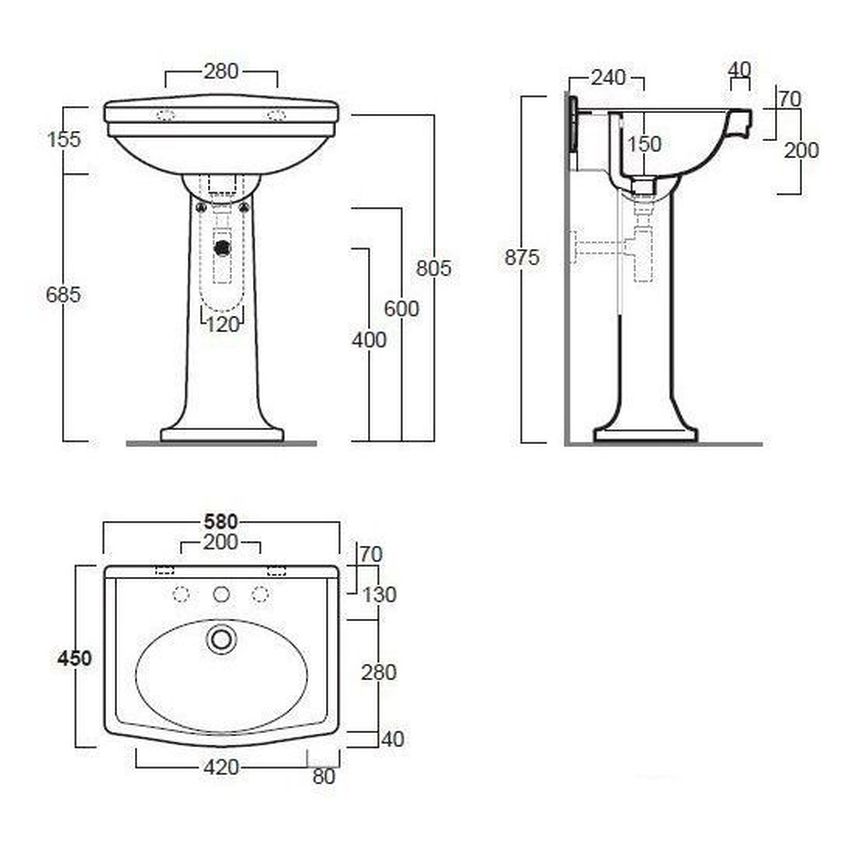 Claremont 58X45 Basin & Pedestal - 3 Taphole