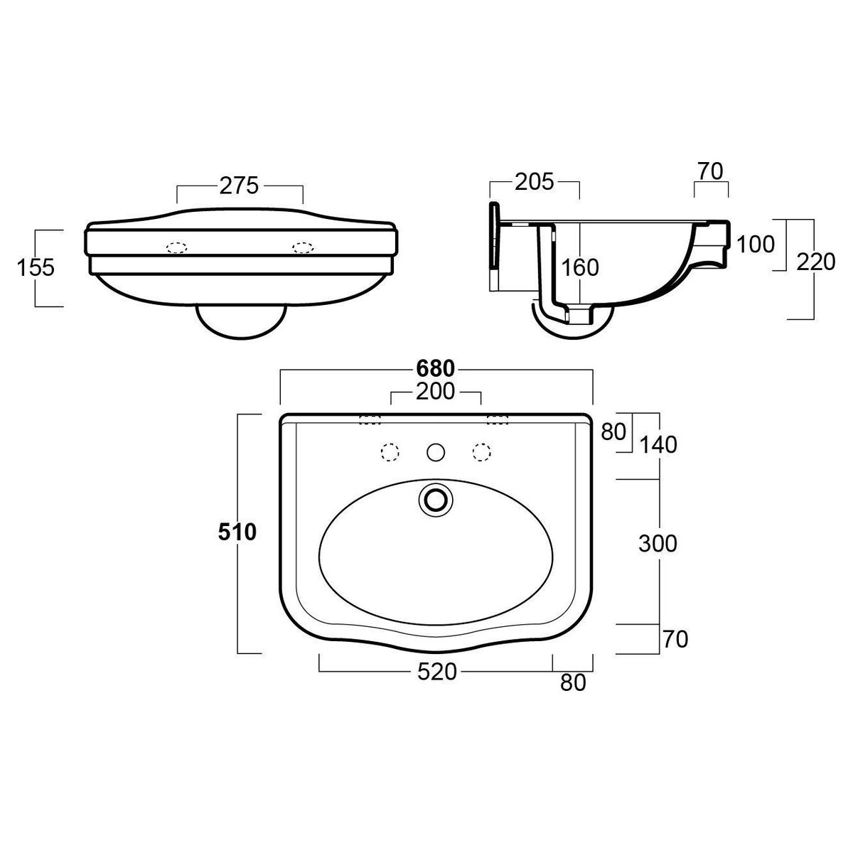 Claremont 68X51 Basin - 3 Taphole