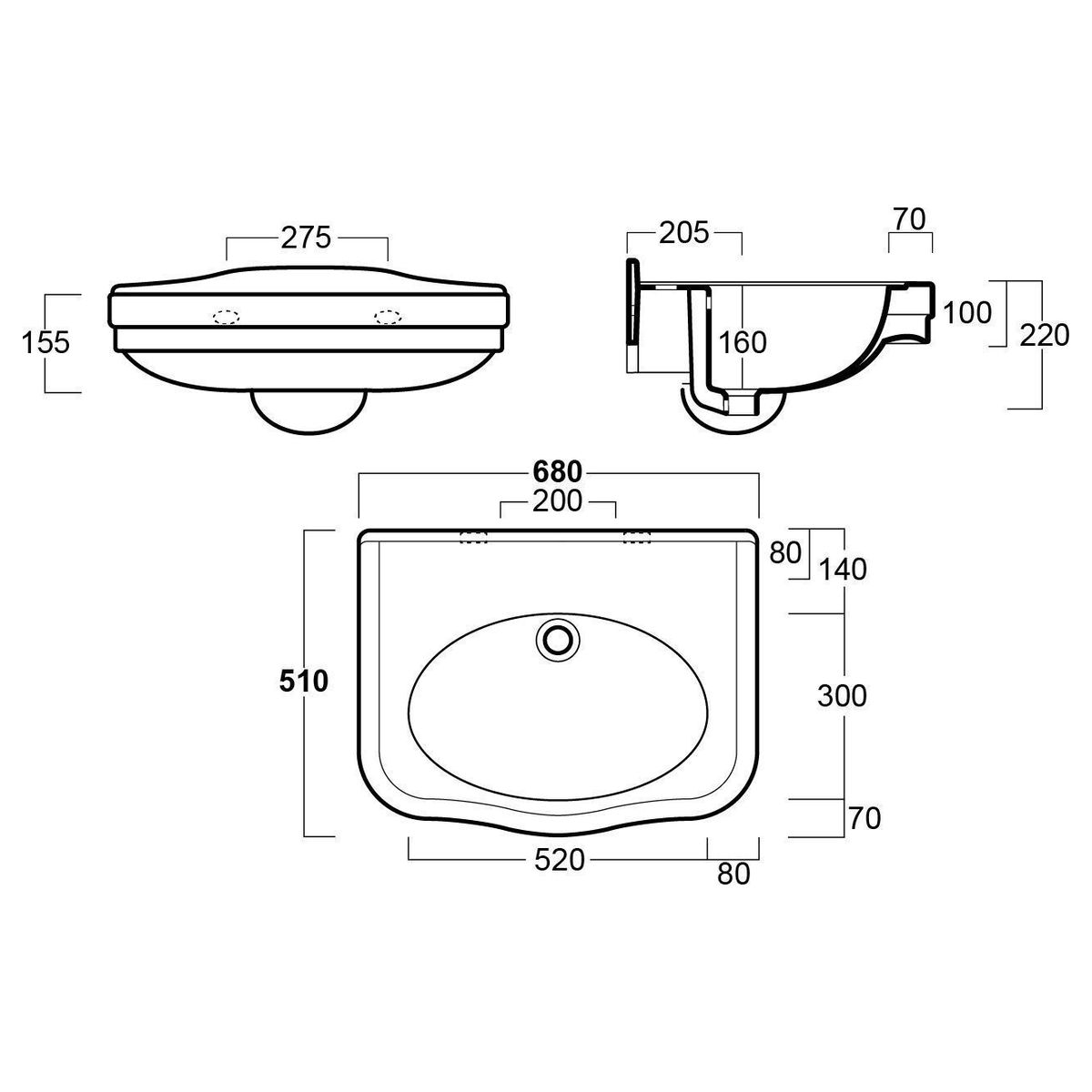 Claremont 68X51 Basin - No Taphole