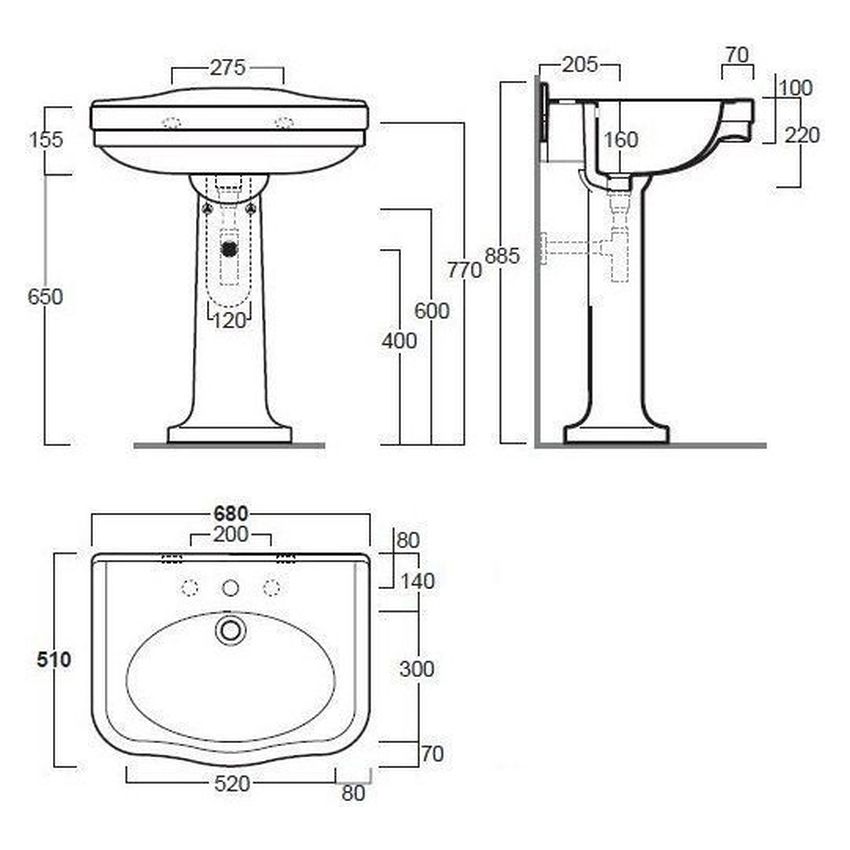Claremont 68X51 Basin & Pedestal - 3 Taphole