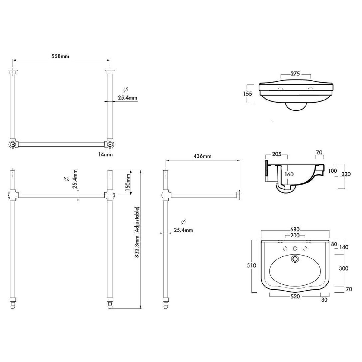 Claremont 68 X 51 Brushed Nickel Basin Stand - 3 Taphole