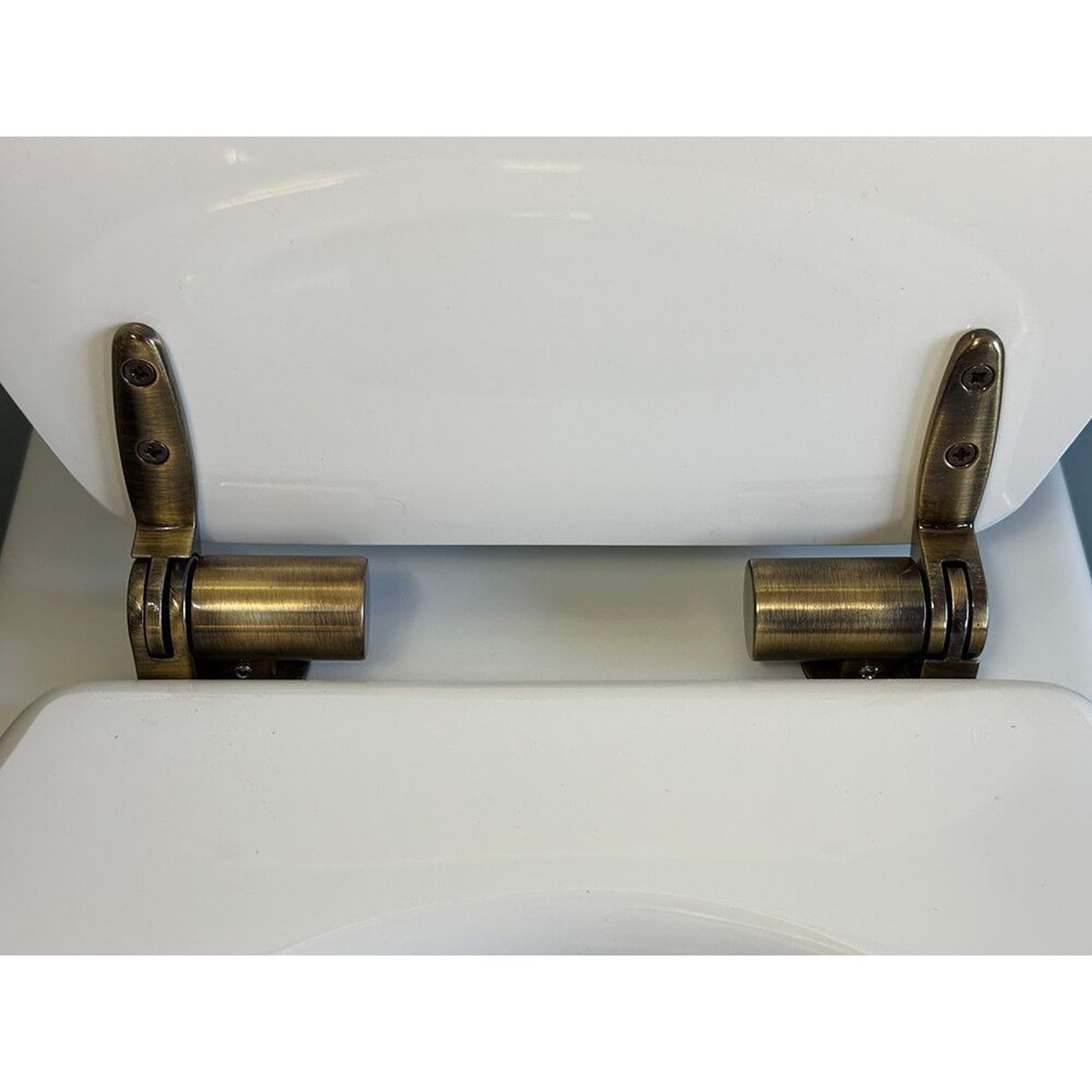 Claremont White Soft Close Toilet Seat - Antique Brass Hinges