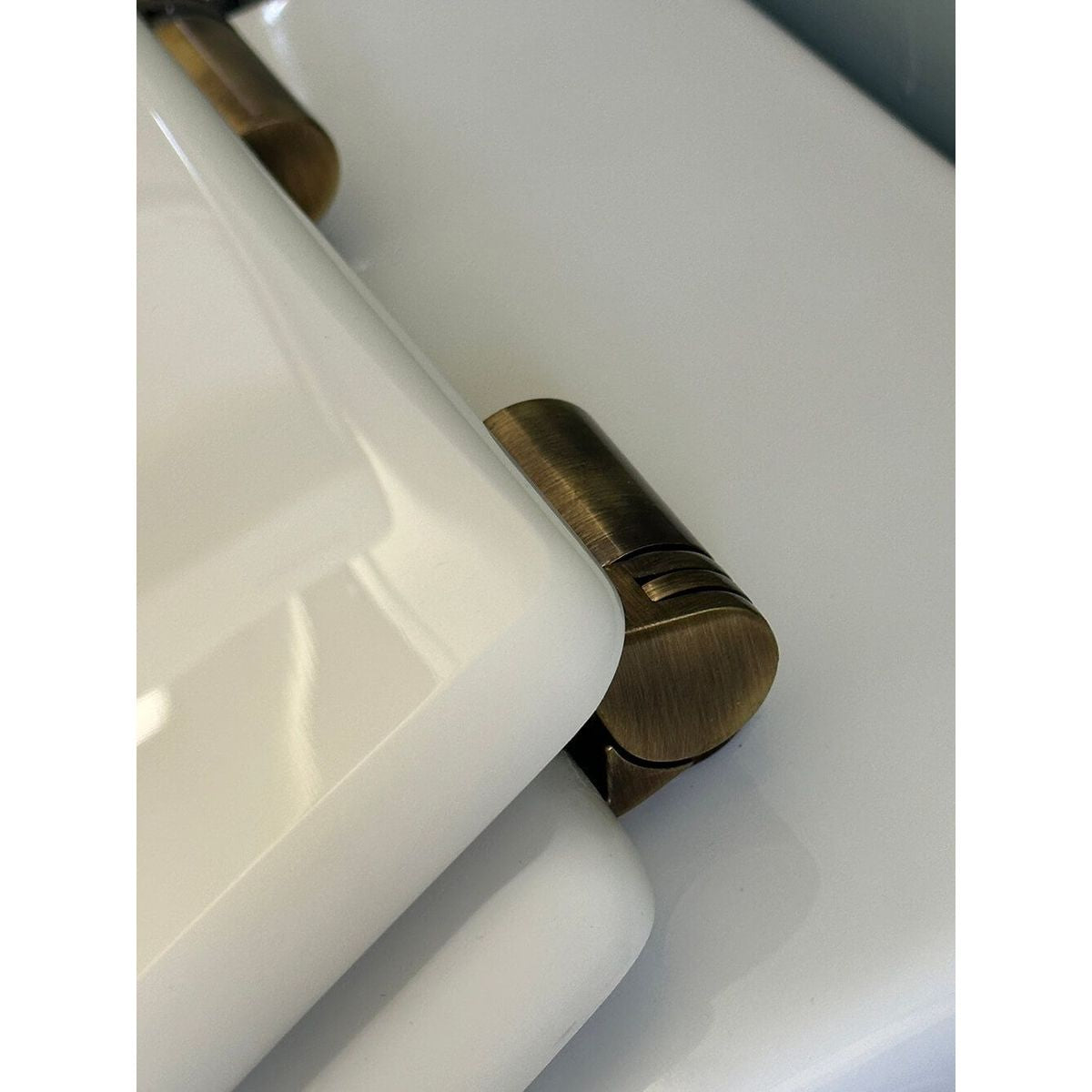 Claremont White Soft Close Toilet Seat - Antique Brass Hinges