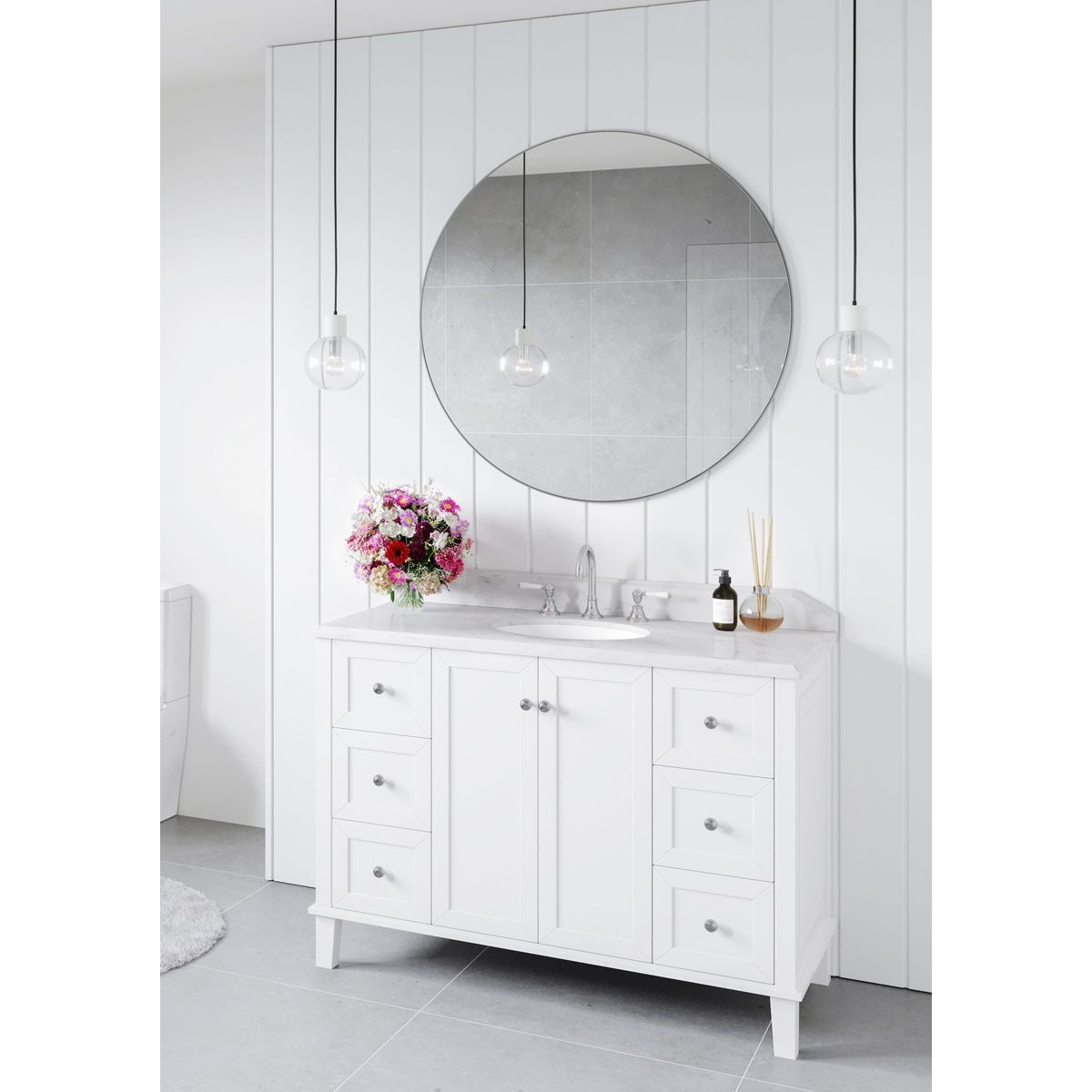 Coventry 120X55 Single Bowl White Vanity With Marble Top & Under Counter Basin - 3 Taphole
