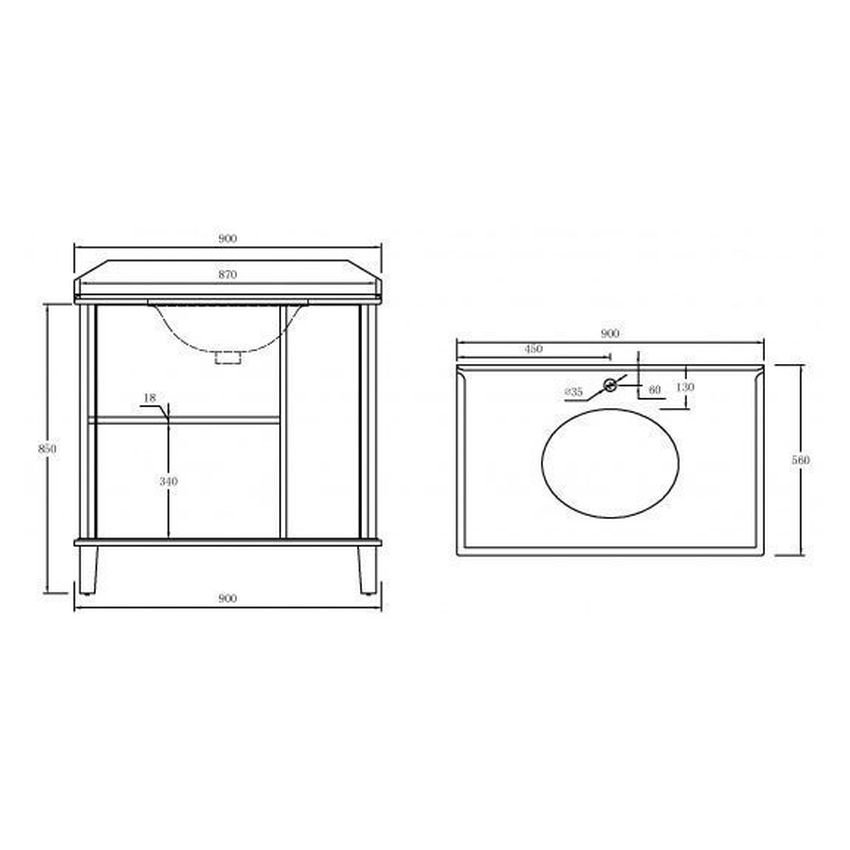 Coventry 90X55 White Vanity With Marble Top & Under Counter Basin - 1 Taphole