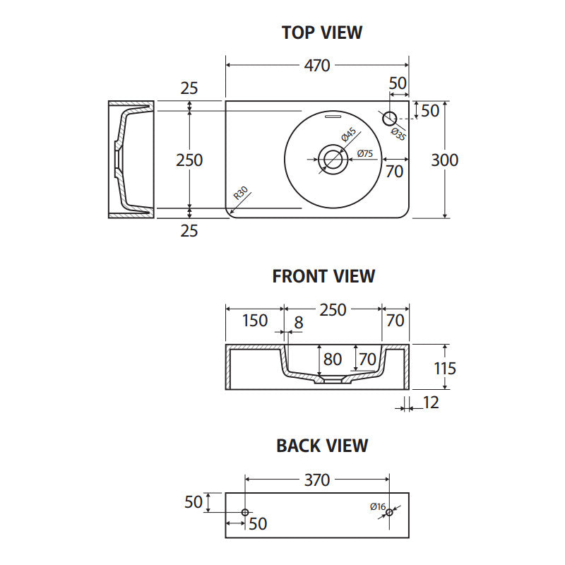 Encanto 470 Solid Surface Wall Basin, 1 Tap Hole