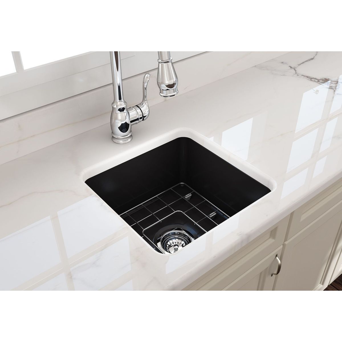 Cuisine 46X46 Inset/Undermount Fireclay Sink Matte Black With Overflow