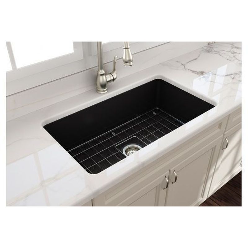Kit-Cuisine 81X48 Inset/Undermount Fireclay Sink Matte Black With Overflow Included Waste