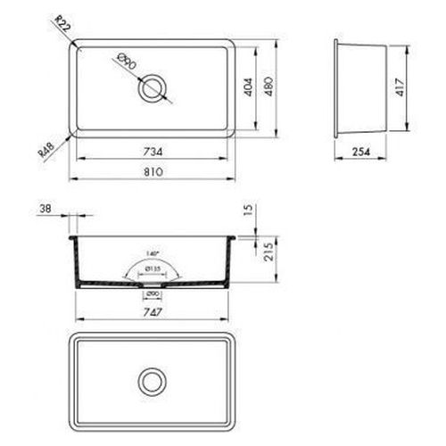 Kit-Cuisine 81X48 Inset/Undermount Fireclay Sink Matte Black With Overflow Included Waste