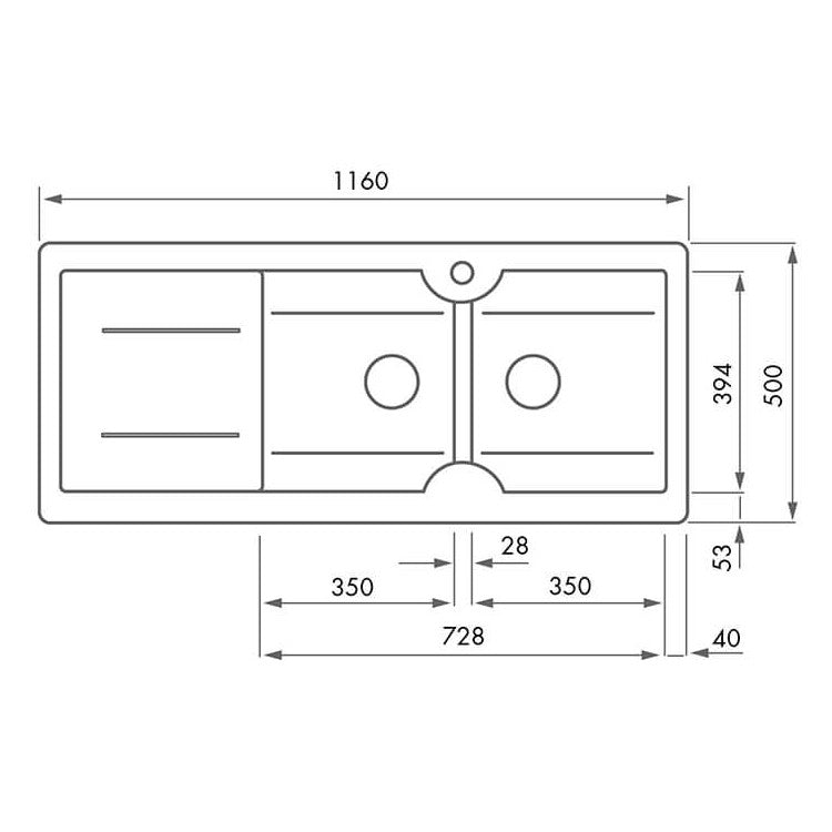 Cuisine 116 x 50 Double Bowl Sink with No Tap Hole