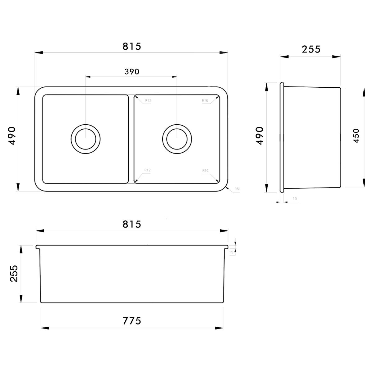 Kit-Cuisine 81X49 Inset/Undermount Fireclay Sink Matte Black With Overflow Included Waste