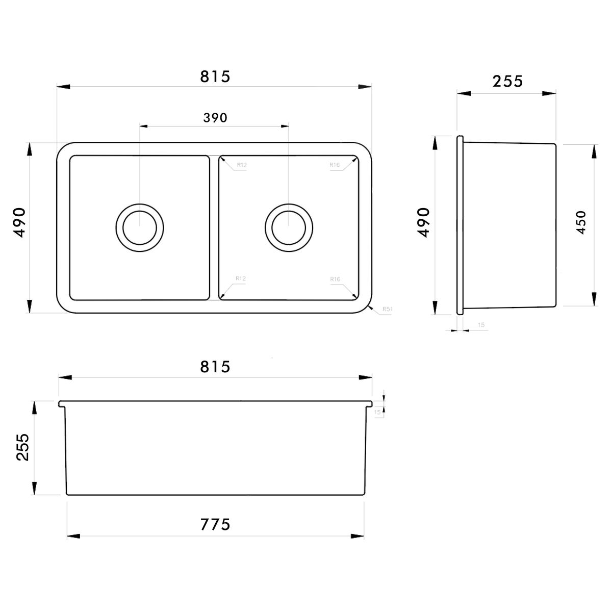 Kit-Cuisine 81X49 Inset/Undermount Fireclay Sink Gloss White With Overflow Included Waste