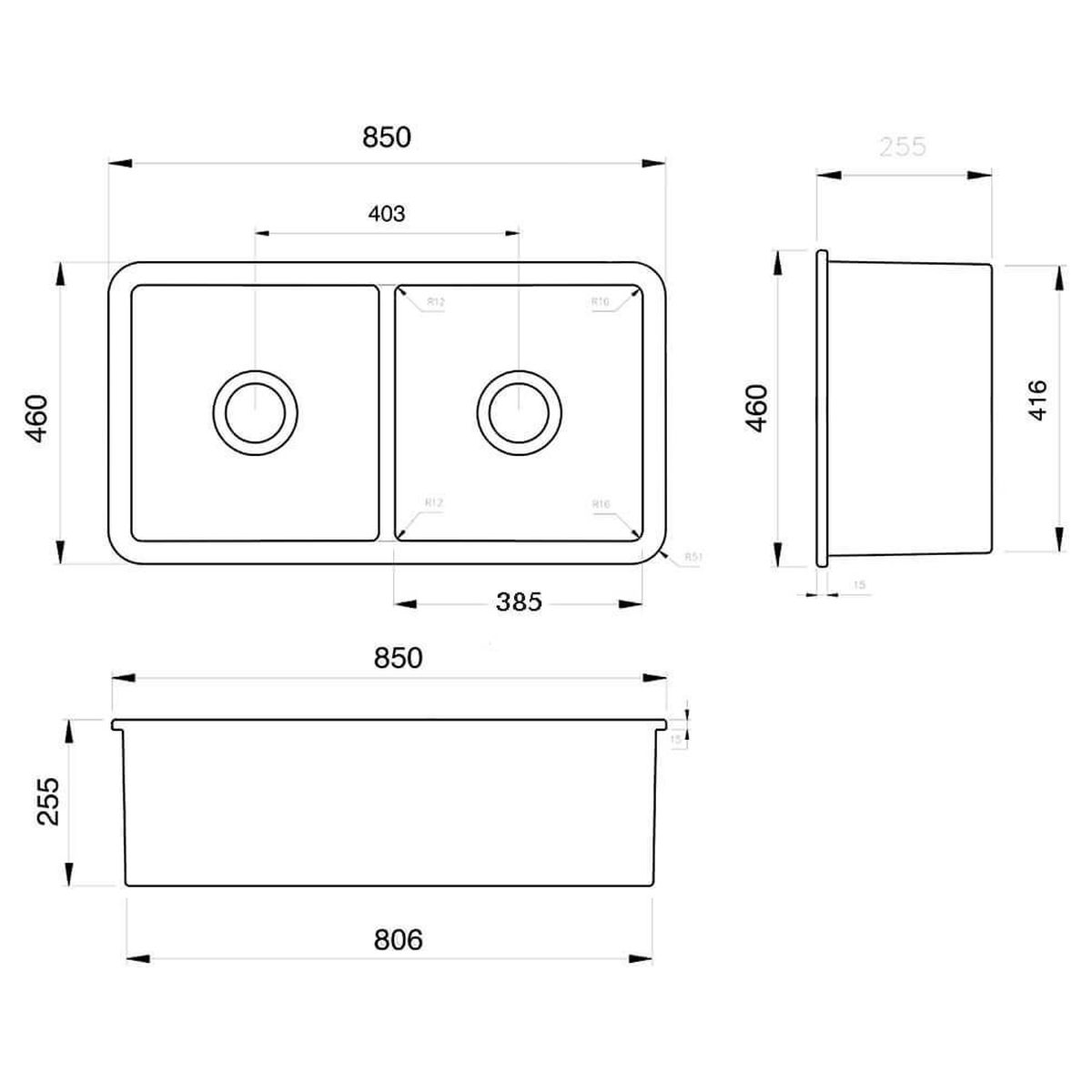 Cuisine 85 X 49 Double Bowl Inset/Undermount Fine Fireclay Sink - Matte White