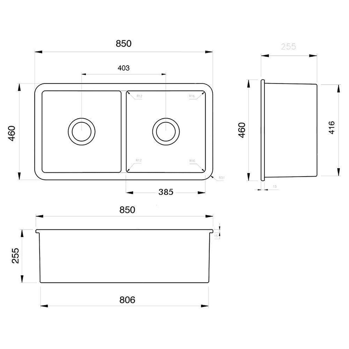 Kit-Cuisine 85X46 Inset/Undermount Fireclay Sink Matte Black With Overflow Included Waste