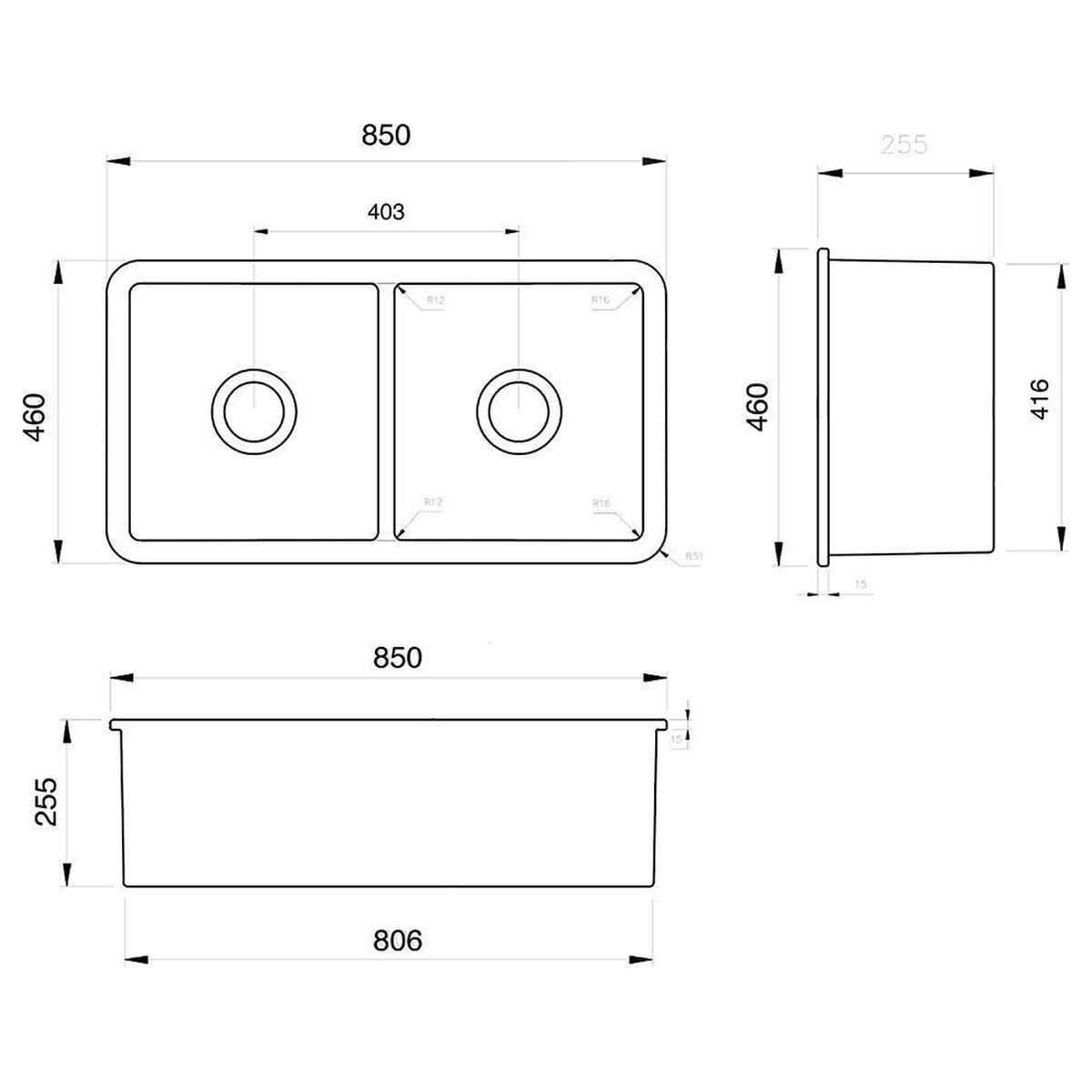 Cuisine 85 X 46 Inset/Undermount Fine Fireclay Sink - Matte Black