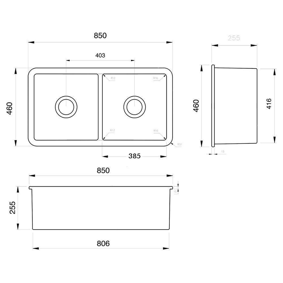 Kit-Cuisine 85X46 Inset/Undermount Fireclay Sink Gloss White With Overflow Included Waste