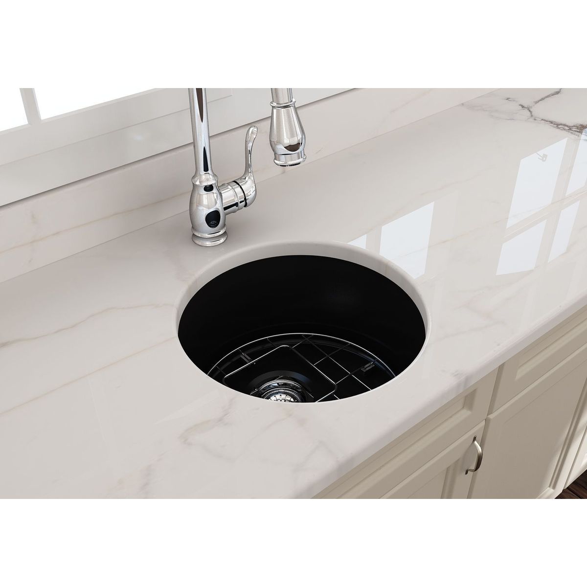 Kit-Cuisine Round 47 Inset/Undermount Fireclay Sink With Waste - Matte Black