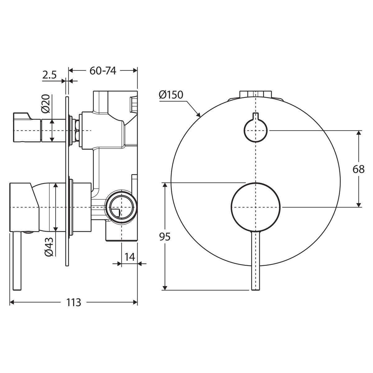 Kaya Wall Diverter Mixer Dress Kit, Large Round Plate, Chrome