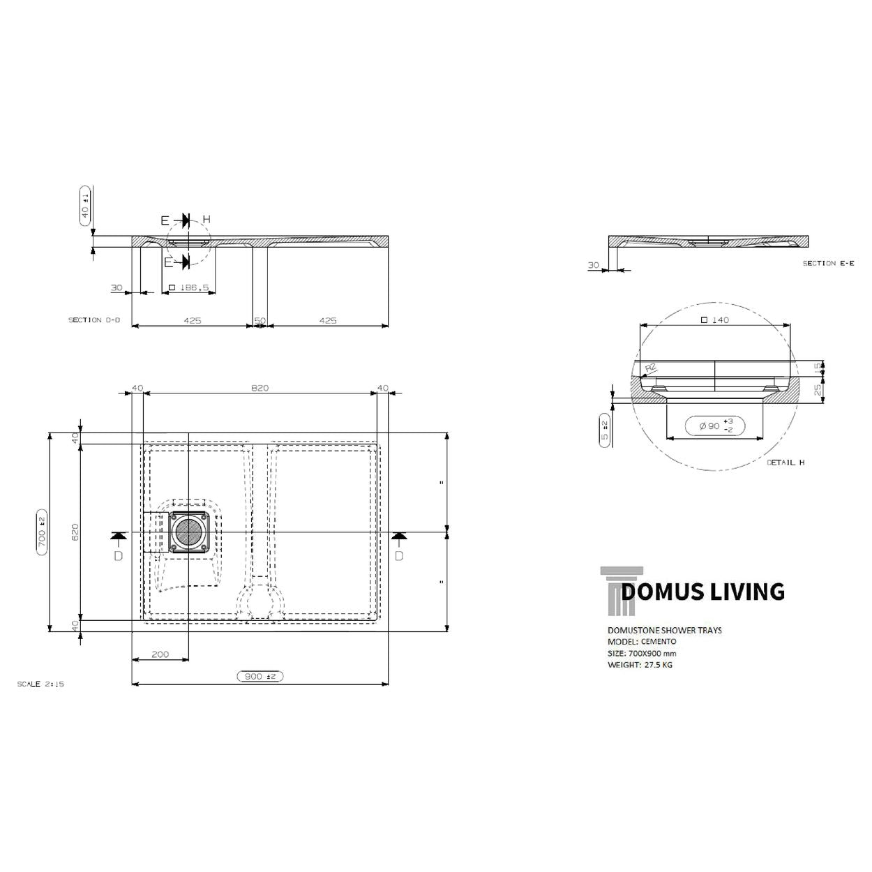 Domus Living Cemento 700X900 Shower Floor in Bianco (Matte White)